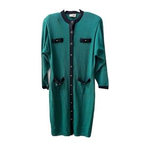 Vintage St. John Womens Kelly Green Knit Midi Long Sleeve Button Up Dress Sz 14